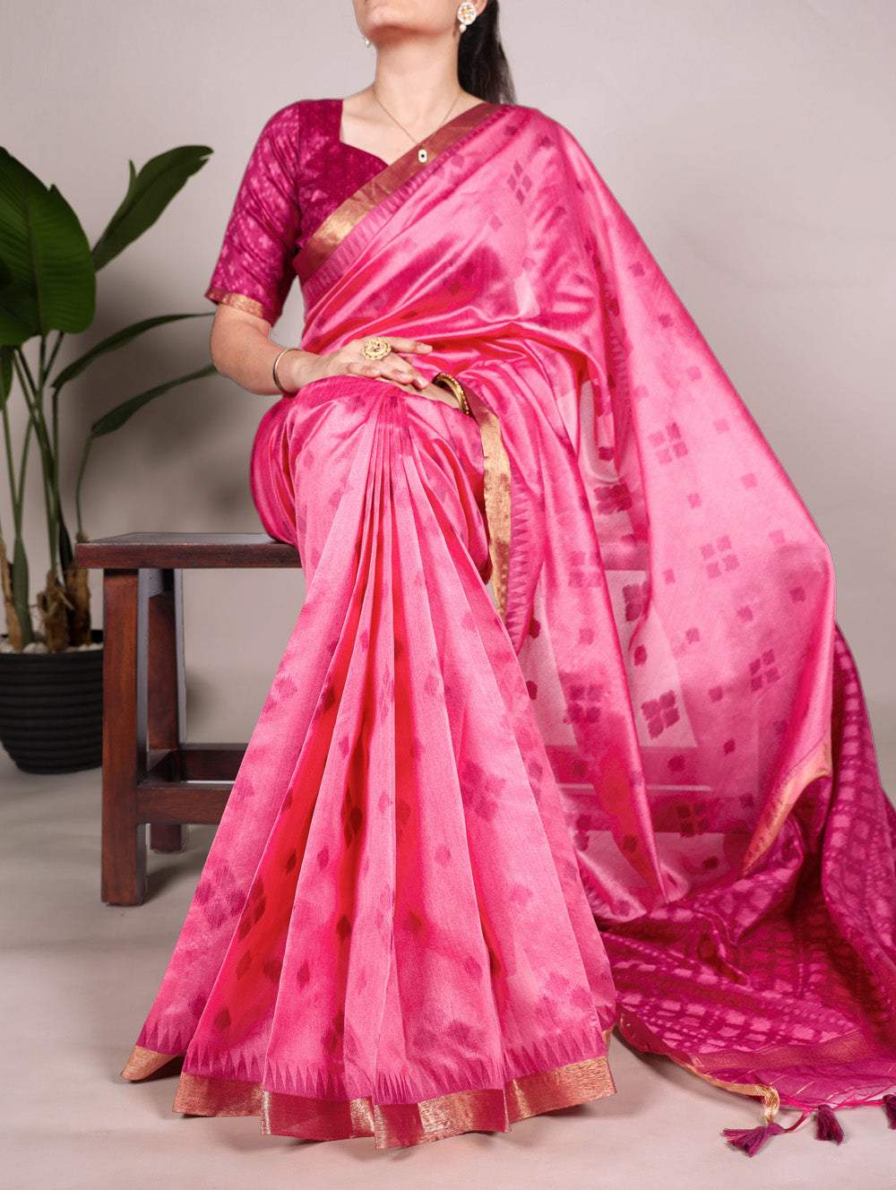 Pink Color Jacquard Silk Patola Print With Zari Weaving Work Saree